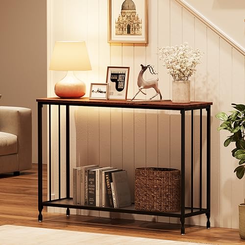 OPULENTHOME Mesa consola estrecha, mesa auxiliar con estante de cristal, estructura de metal y tablero de madera, mesa de sofá con estantes, para entrada y pasillo, color marrón