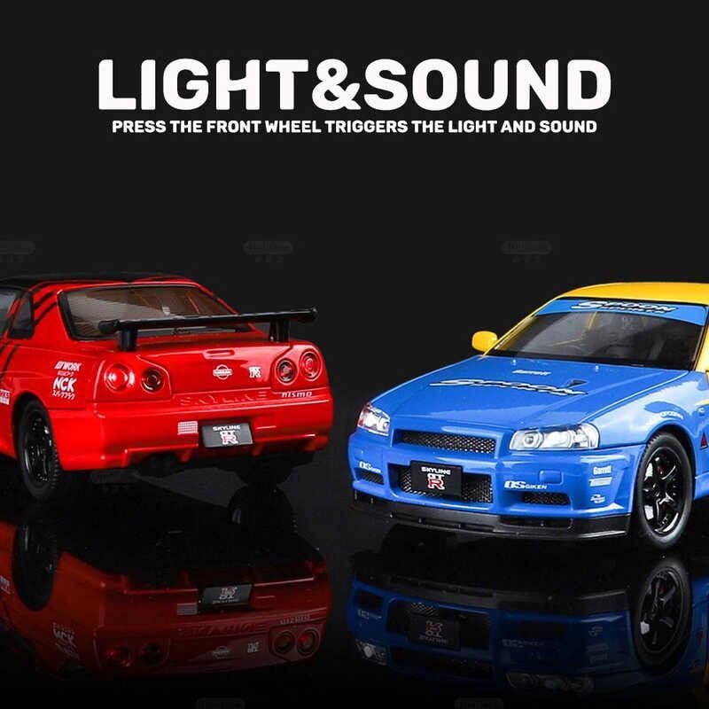 Image of 1:32 Scale Nissaan Skyline R-34 Model Alloy Metal Pull Back Toy car for Kids with Openable Doors & Light, Music Toy Vehicle for Kids (1:32 Nissaan Skyline R-34 (Yellow))