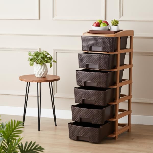 Image of Plastic Modular Drawer Storage Chest Of Drawers Organizer Storage Box, Large Stomo Racks For Multipurpose Anti-slip Shoes Organizers (Brown, 6 Layer)