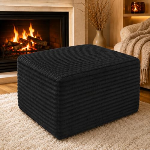ChilternCasa 25.6 Corduroy Ottoman Foot Rest Plush Memory Foam Couch Ottomans Boneless Compressed Sofa in a Box for Living Room No Assembly Require Black
