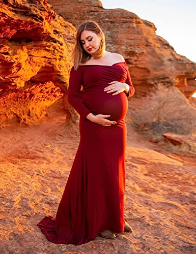 Saslax Maternity Elegant Fitted Maternity Gown Long Sleeve Slim Fit Maxi Photography Dress Sweetheart Burgundy 02 Xl #TOP4