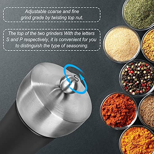 Wooden Salt and Pepper Grinder Set with Cleaning & Brush Spoon, Manual Refillable Pepper Shaker Mill Set with Adjustable Coarseness(Black)