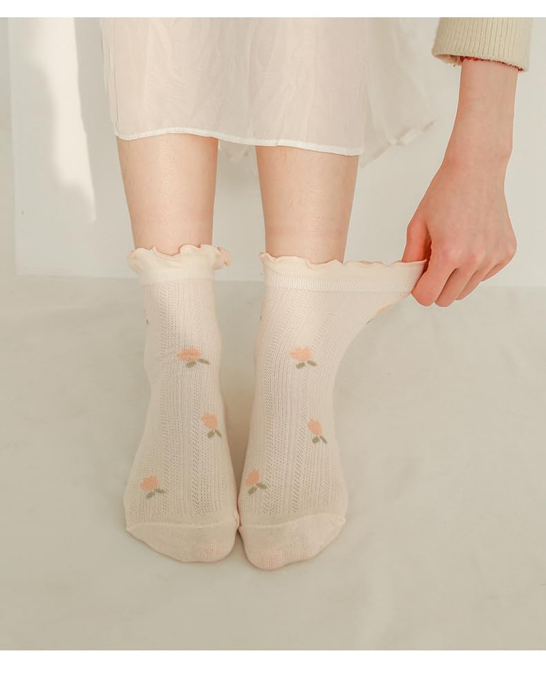 Image of 5 Pair Cute Ankle Socks for Women Coquette Bow Print Ruffle Frilly Cotton Socks Lace Trim Breathable Summer Socks