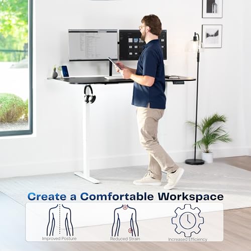 Image of VIVO Black Carbon Fiber 63 x 32 in Standing Desk, DESK-KIT-1W1R | Electric, Holds 220 lbs, Sit Stand Up, Height Adjustable, Home Office, Memory Presets, 1B Series, White Frame