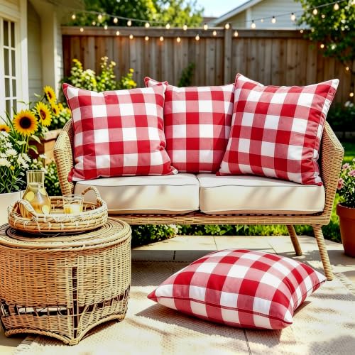 tiosggd Set of 4 Red and White Gingham Pillow Covers 18 x 18 Buffalo Check Plaid Cotton Throw Pillow Cover Cushion Case for Sofa Bedroom Rustic Farmhouse Summer Home Decorations