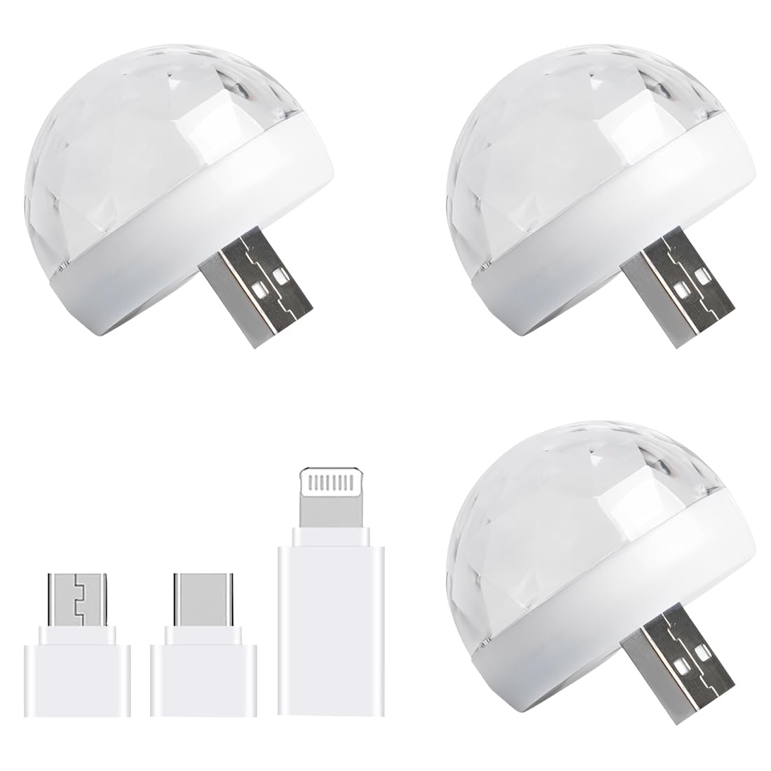 WUSJCOF 3 Piezas USB Mini Luz de Bola de Discoteca, Luz de Fiesta DJ con 3 Adaptadores, 4W Bola de Discoteca Activada por Sonido para Todas las Fiestas y Decoración Interior de Coches