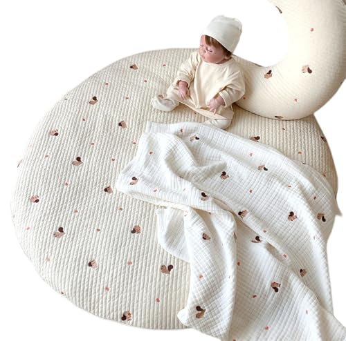 ベビーマット プレイマット 赤ちゃん マット 綿 赤ちゃん マット 円形 直径85cm ベビー お昼寝マット丸洗可能 ファスナー付き 綿100% 柄 キルト くすみ系 新生児 出産祝い プレゼント お昼寝マット 洗える 月齢フォトアイボリー (リス)