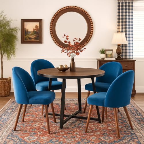Image of 5-Piece Modern Round Dining Table Set, 35'' Wooden Table with 4 Velvet Upholstered Chairs, Compact Space-Saving Furniture for Small Apartments, Kitchens, and Dining Rooms (Brown Top, Blue)