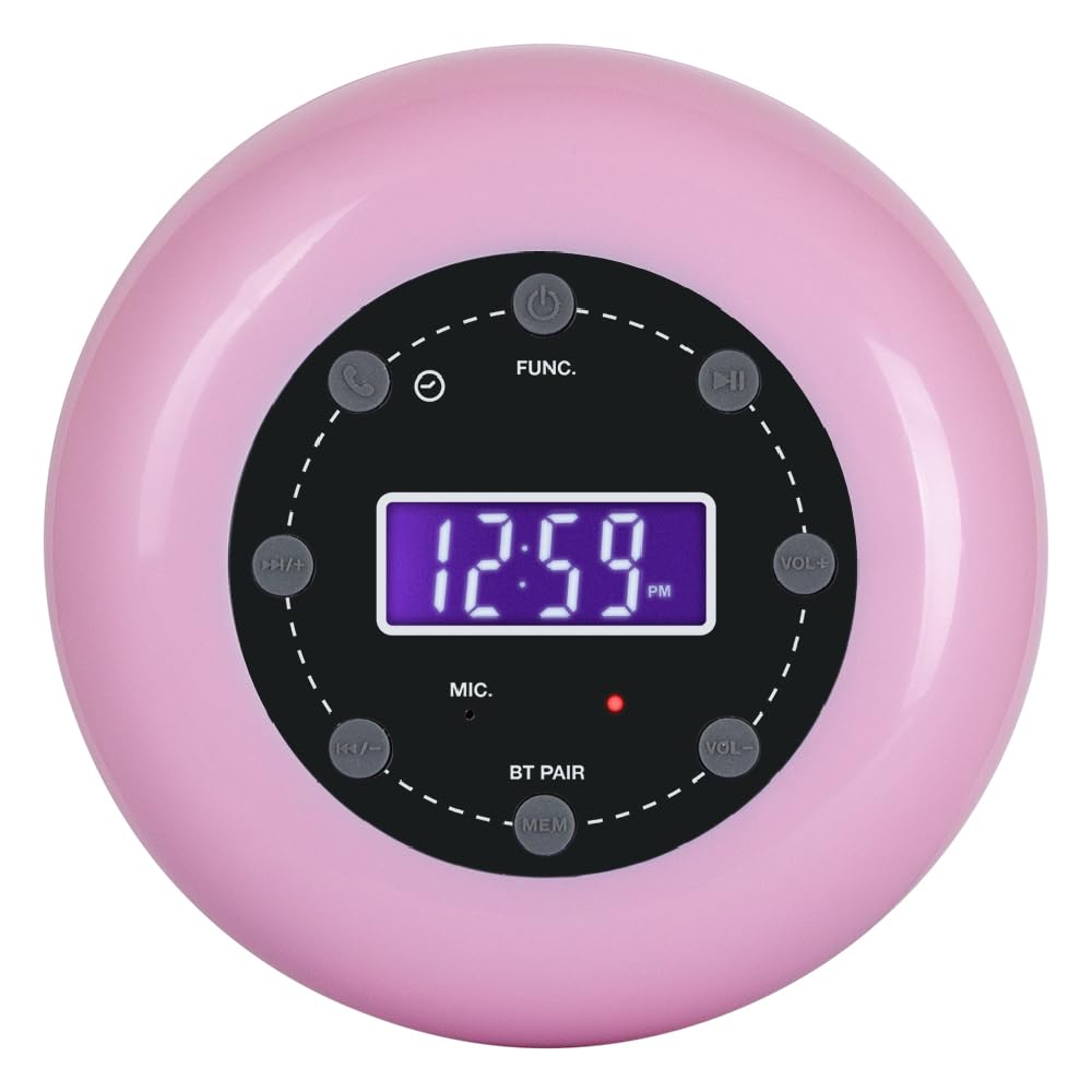 HANNLOMAX HX-159CR Shower Clock Radio, PLL FM Radio, Bluetooth with Hand-Free Function, LCD Display, Waterproof (IPX4), Built-in Li-ion Rechargeable Battery, Unique Suction Cup Design. (Pink)