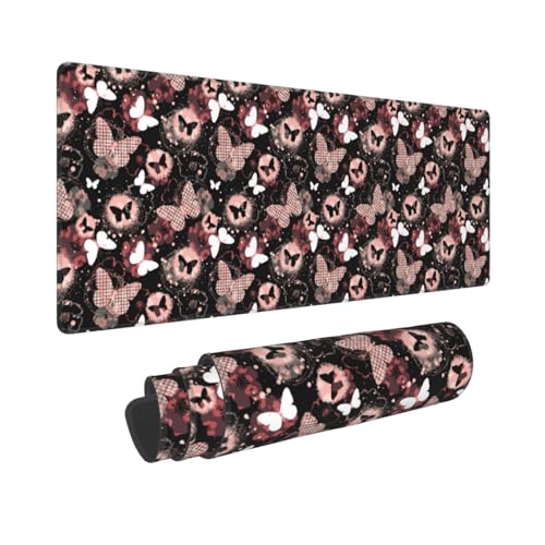 Alfombrilla de ratón grande con base de escritorio antideslizante y diseño estampado de mariposas