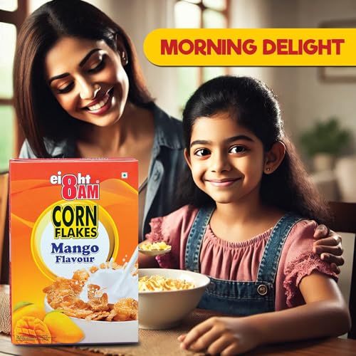 Image of 8AM Corn Flakes Mango 300 Gram (Pack Of 3), Golden Corns & Mango, No Cholesterol, Trans Fat, Artificial Additives, Iron & Calcium, Crunchy & Nutritious Whole Grain Breakfast Cereal