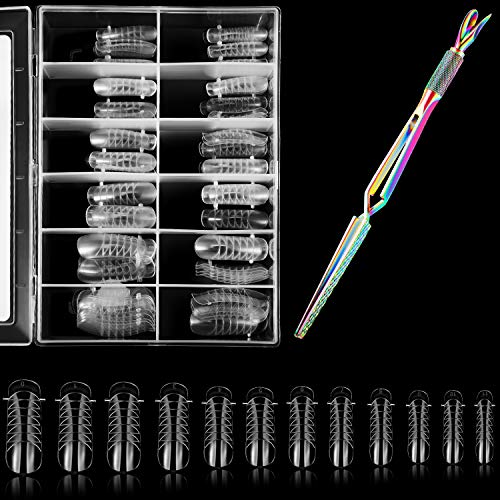 121 Pieces Dual Nail System Forms Kit Includes 120 Clear Nail Forms Acrylic Full Cover Nail Mold with Scale and 1 Stainless Steel Nail Art Pincher Cuticle Pusher False Nail Shaping Tweezers