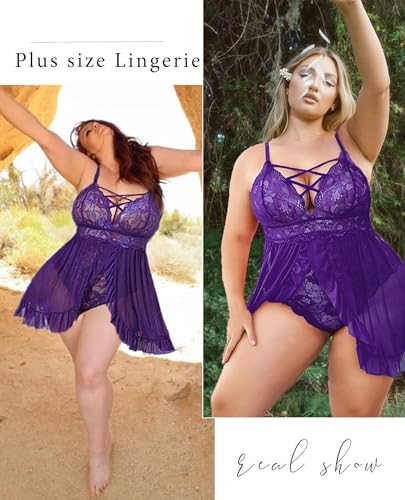 Image of SSoShHub Women's Plus Size Lingerie Beautiful Babydoll Snap Crotch Lace Chemise Ruffles Nightwear Bodysuit with Babydoll