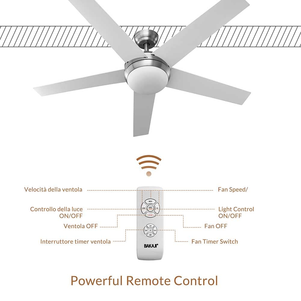 BAKAJI Ventilatore Lampadario da Soffitto 5 Pale in Legno con Lampada Plafoniera 60 LED 20W in Vetro 3 Velocità Funzione Timer Luce Cambio Colore e Telecomando Diametro 132cm Bianco Silver