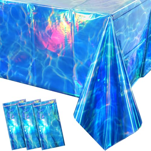 3Pcs Iridescent Ocean Waves Party Tablecloth Decorations,54x108 inch Blue Under