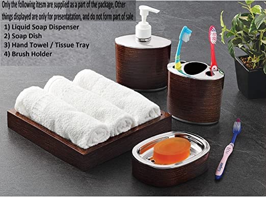 GLITZEN Classic 4 Piece Bathroom Accessory Set - Soap Dish, Hand Towel Tray, Tooth Brush/Paste Holder, Tumbler, Liquid Soap Dispenser,Bathrooms or Kitchen (Classic Wooden Finish-Brown) 4
