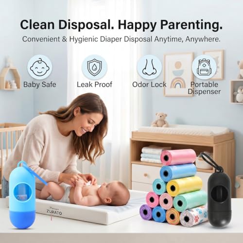 Image of Baby Disposable Diaper Bags with Dispenser | 9 Rolls (135 Unscented Bags) for Quick Diaper Disposal | Leak & Odour Proof Nappy Trash Bags for Baby Diapers, Wet Clothes, Pet Poop & Travel Waste