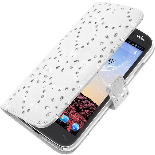 Avizar - Housse Folio Strass Diamant pour Wiko Stairway - Étui Portefeuille blanc