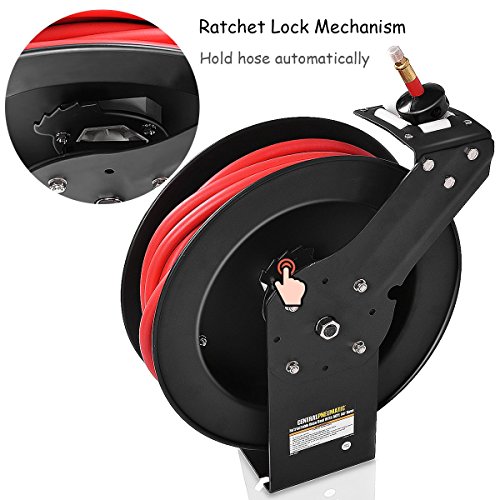 Goplus Retractable Air Hose Reel, 3/8" Inch X 50' Ft Wall Mount Auto Rewind Hose-Reel, Heavy Duty Steel Construction, Industrial Grade Rubber Hose, Max.300 Psi #TOP3