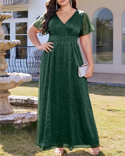 Image of Talisea Plus Size Formal Dresses - V Neck Flutter Sleeve Glitter Prom Evening Gowns Wedding Guest Chiffon Long Maxi Dress