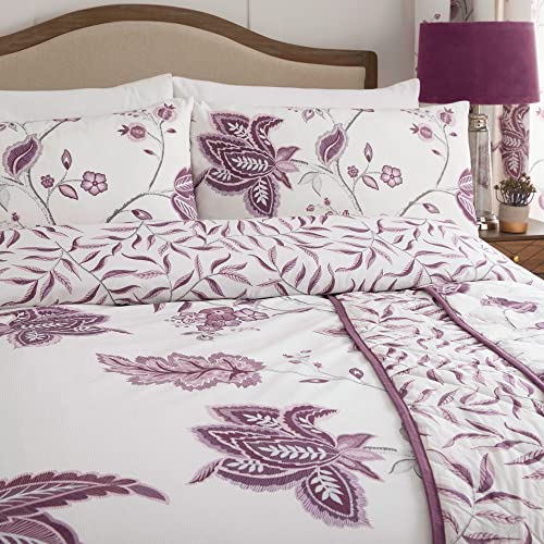 Dreams & Drapes Plum Floral Duvet Cover – King Size (230x220cm) – White & Purple Damask Bedding – 2 Pillowcases – Vintage Bedroom Set in Dark Plum
