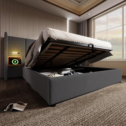 Gegtuon Doppelbett Polsterbett 180x200 mit LED-Licht & USB-Nachttischen, Bett Hydraulisch Stauraumbett mit Stauraum Kopfteil, Jugendbett Bettgestell mit Holz Lattenrost, ohne Matratze, Leinen (Grau)