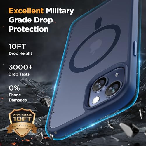 Image of Miracase Magnetic for iPhone 14 Plus Case 6.7 inch (Compatible with MagSafe)(with 2X Screen Protectors) Military-Grade Protection, Anti-Fingerprint Translucent Matte Phone Case Cover, Dark Blue