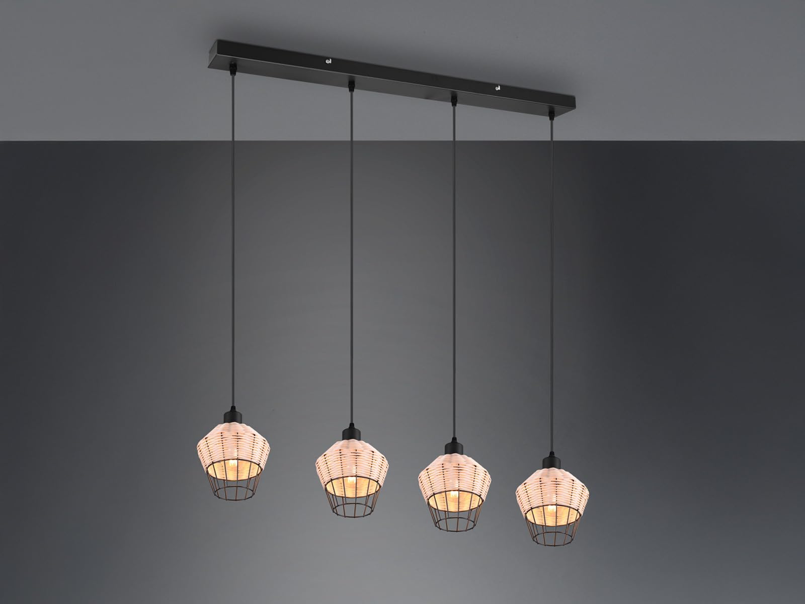 Lampa wisząca LED, czarna, rattanowa, naturalna, 4 źródła światła