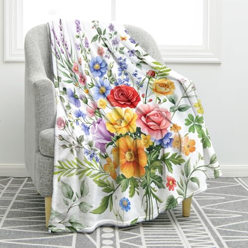 Jekeno Colorful Flowers Floral Blanket Birthday Christmas for Women Kids Girls Mom Wife Bedroom Spring Red Blue Yellow Flowers Green Leaves Decor Mother's Day Throw Blanket 50"x60"