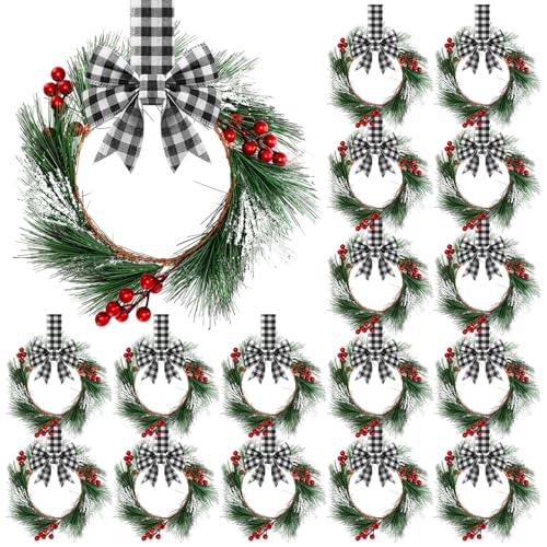 Crowye 18 Pcs Small Mini Christmas Cabinets Wreaths for Kitchen with Ribbon 10'' Hanging Artificial Green Leaves Decor Berry for Window Front Door Kitchen Wall Decor (Black and White) by Crowye - Used condition - US$16.87