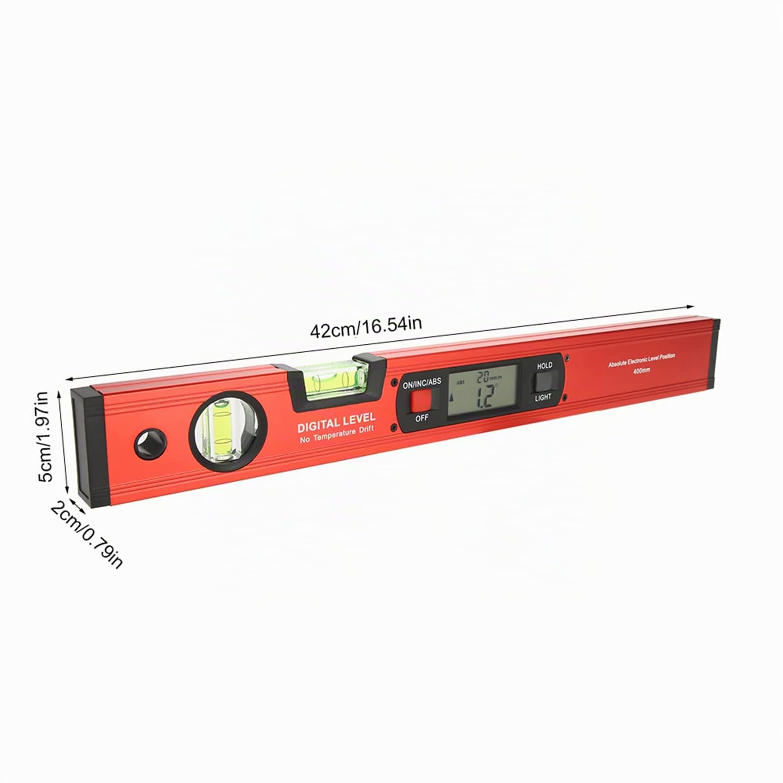 Nivel Digital Multifunción con Base Magnética y Medidor de Ángulo 360°, Pantalla LCD, Aleación de Aluminio, Tamaño 430x60x30mm, Color Rojo, 2 Burbujas