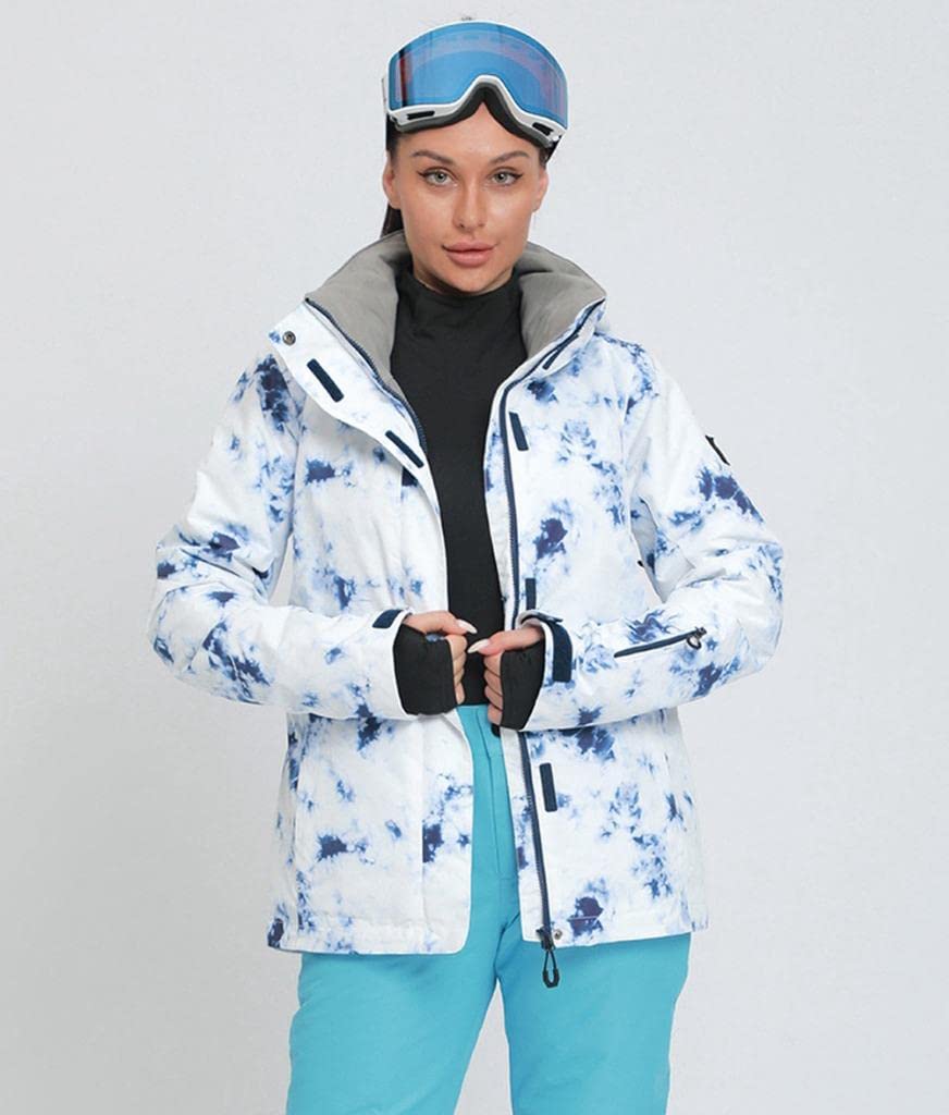 GS SNOWING Women's Waterproof Ski Jackets Windproof Mountain Snow Coat Warm Winter Sports Coat with Hood (White+Navy, L)