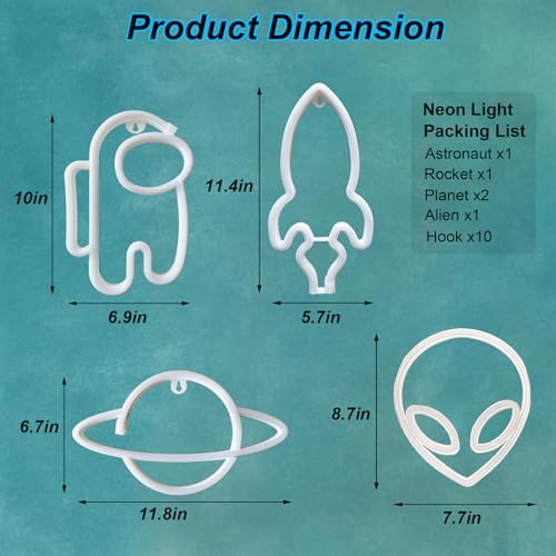 Image of Planet Alien Space Neon Signs, 5Pcs LED Neon Light for Wall Decor, Battery or USB Power, Led Sign for Bedroom Wall Decor Aesthetic Teen Girl Kid Room Christmas Birthday Wedding Party Pink Blue Yellow