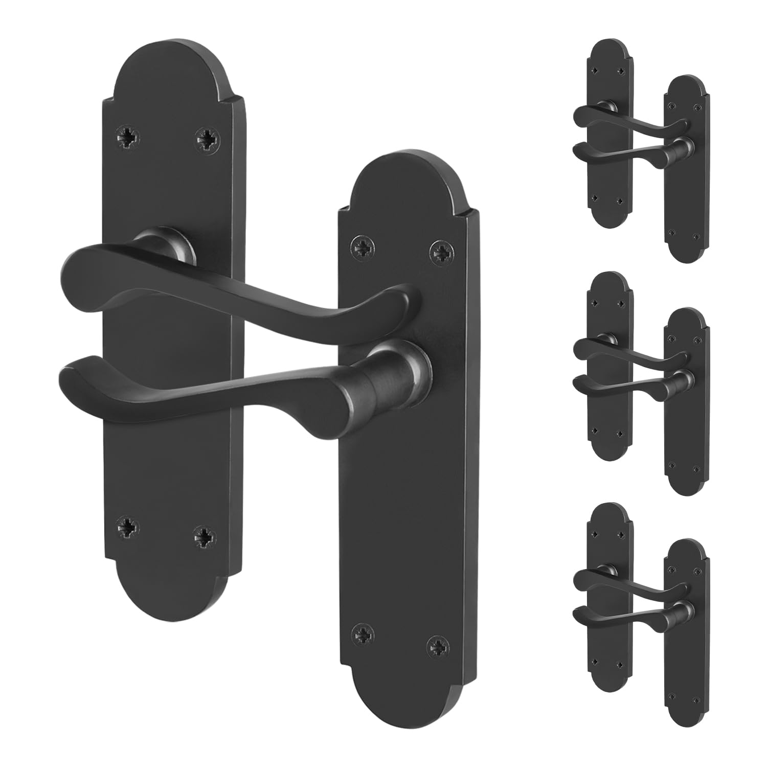 EAI Black Door Handles, 4 Pairs of Internal Matt Black Victorian Scroll Shaped Backplate Handles