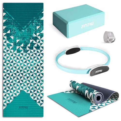 FITFIU Fitness KITWELL-400 - Pack de 4 accesorios Yoga Pilates color Azul que incluye esterilla, bloque, aro y correa