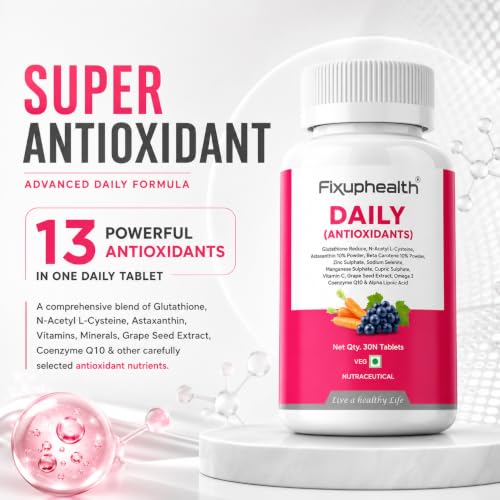 Image of Fixuphealth Daily Antioxidants Coenzyme Q10 & Glutathione Supplement | NAC, Astaxanthin, Alpha Lipoic Acid, Grape Extract, Zinc & Selenium | Skin Brightening, Hair, Eye & Immunity Support | 30 Tablet
