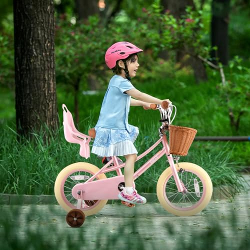 Image of RULLY Donna Kids Bike for Girls Ages 2-7 Years, 12 14 16 Inch Princess Girls Bicycle with Doll Bike Seat, Training Wheels, Basket and Streamers, Kids Cycle Bikes, Multiple Colors | with Doll Bike Seat, Training Wheels, Basket, Streamers, Kids Cycle Bikes