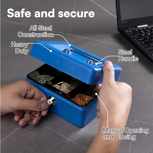 Image of H&S Lockable Cash Box with Key - Black Cash Box in Small with 2 Keys - for Notes with Coin Compartment for Money Storage - Money Box Cash Box with Lock - Blue