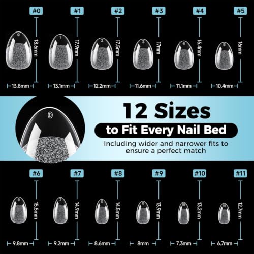 Image of Luckyfairy Extra Short Almond Nail Tips, 360pcs Soft Gel Pre-Shaped Acrylic XS Fake Nails, Half Matte Full Cover Clear Press on Flase Nail Tips for Extension Manicure Home DIY 12 Sizes Gelly Tips