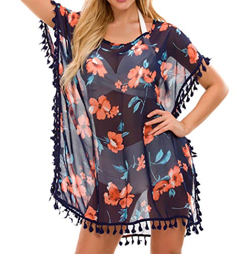 Tandisk Women's Chiffon Bohemian Floral Printed Beach Beachwear Bikini Swimsuit Cover up Dress Orange Flower A