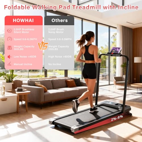 Image of Walking Pad, HOWHAI Treadmill with Incline, Brushless 2 in 1 Foldable Under Desk Portable Treadmills for Home /Office with App, Bluetooth Music, Remote Control & LED Display (300lbs Capacity)