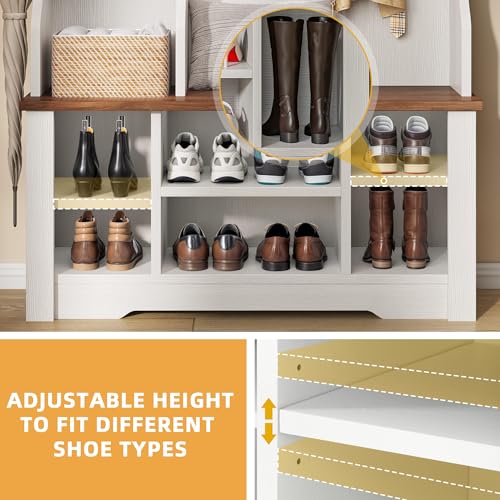 DWVO 39" Hall Tree with Bench and Shoe Storage, 6 Shoe Cubbies & 5 Coat Hooks, 4 Side Storage Cubbies, Entryway Bench with Coat Rack for Entryway Hallway Bedroom Narrow, Adjustable Shelf (White)