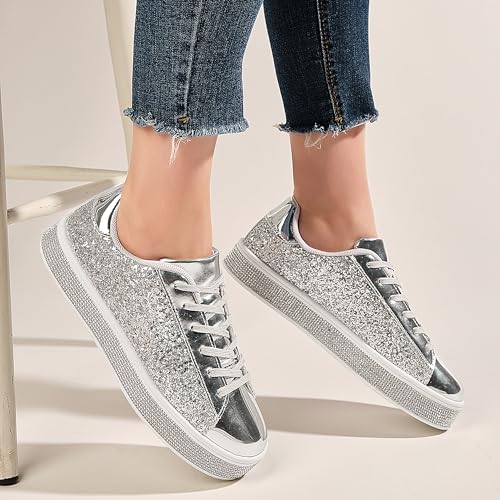 Image of UUBARIS Women's Glitter Tennis Sneakers Neon Dressy Sparkly Sneakers Rhinestone Bling Wedding Bridal Shoes Shiny Sequin Shoes