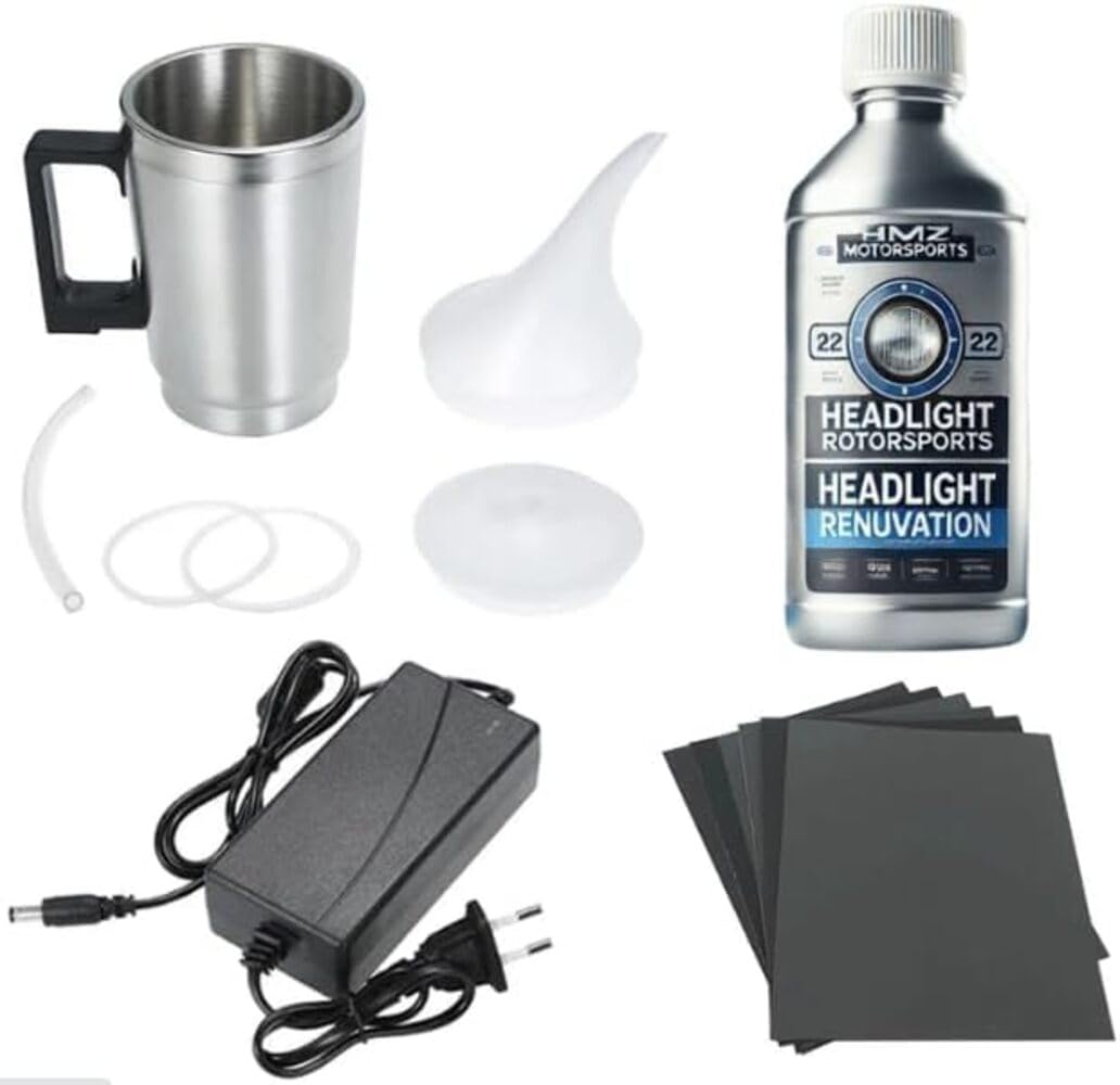 Kit de Restauration de Phares HMZ : Liquide de Réparation, Outil de Polissage, Kit Complet pour Éliminer Le Jaunissement, Le Flou et Les Fissures des Phares de Voiture. (Kit de réparation Complet)