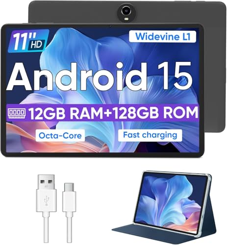 Android 15 Tablet,11 Inch Tablets with Octa Core Processor, 12GB RAM + 128GB ROM 1TB Expand, Widevine L1, 8000mAh Battery, 2.4/5Ghz Dual Band WiFi/GPS/FM Radio,5/8MP Cameras, Case Included - Black