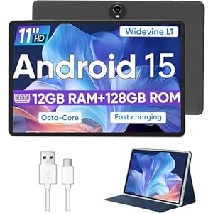 Android 15 Tablet,11 Inch Tablets with Octa Core Processor, 12GB RAM + 128GB ROM 1TB Expand, Widevine L1, 8000mAh Battery, 2.4/5Ghz Dual Band WiFi/GPS/FM Radio,5/8MP Cameras, Case Included – Black
