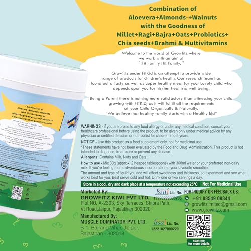 Image of Growfitz FitKid | Natural Healthy Everyday Meal for Kids 2-18 | Supports Bone Strength, Immunity, Brain Development | No Sugar, Only Jaggery | 6.3g Protein | Almonds, Walnut, Ragi, Bajra, Chocolate Powder