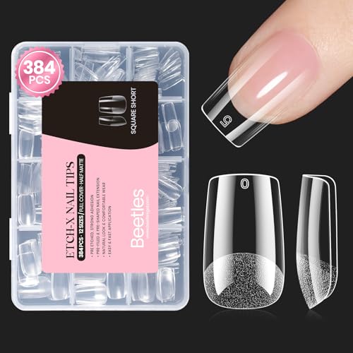 Image of Beetles Gel Nail Tips Etch-X- Square Short, 384pcs 12 Sizes Pre-Etched | Half Matte Full Cover Soft Gel Nail Tips, Press on False Nail Extension Acrylic Fake Nails, Easy DIY Salon Art
