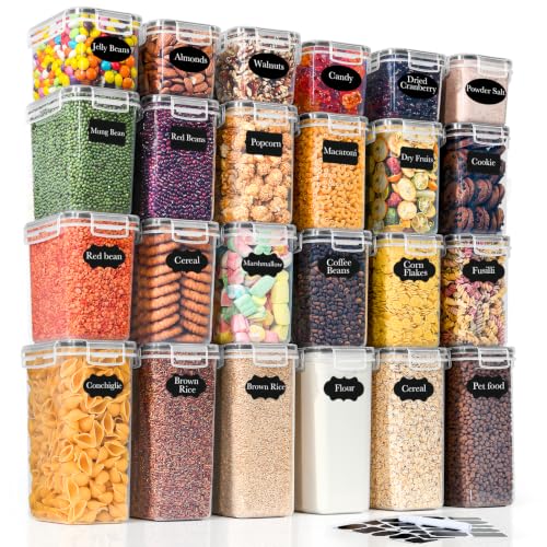 GoMaihe Lot de 24 bocaux hermétiques avec couvercles : bocaux de conservation avec étiquettes | Boîtes de rangement pour céréales, farine, corn flakes et sucre | Sans BPA | Compatible lave-vaisselle
