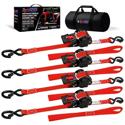 Image of Retractable Ratchet Straps 1 inch x 13Ft, Heavy Duty Self Retracting Tie Down Straps, 1800lb Break Strength Auto Retract Cargo Straps for Truck, Trailer, Motorcycle, ATV, UTV, (Red, 4 Pack)